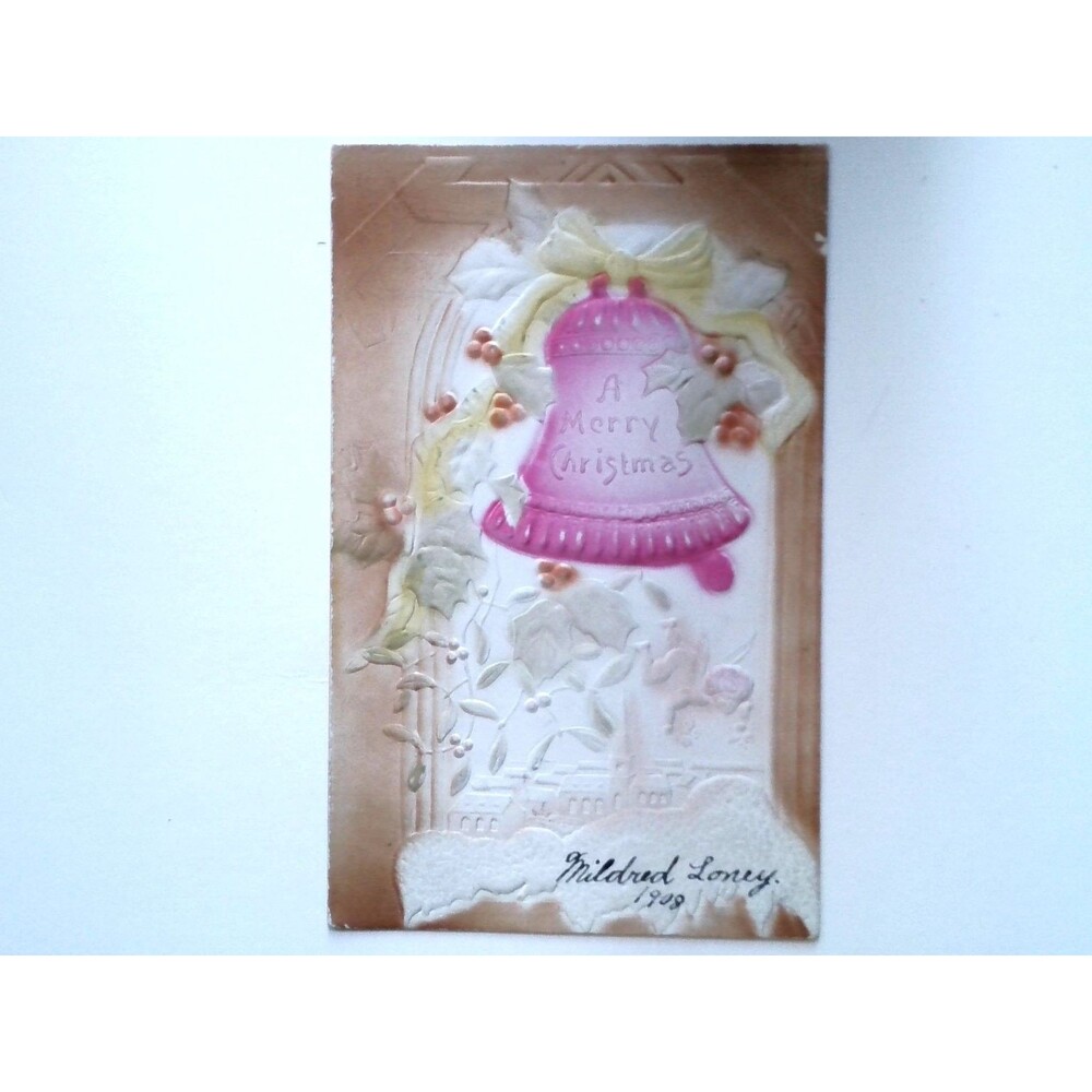 1908 Embossed Pink Christmas Bell Postcard, Mildred Loney Signed, Posted